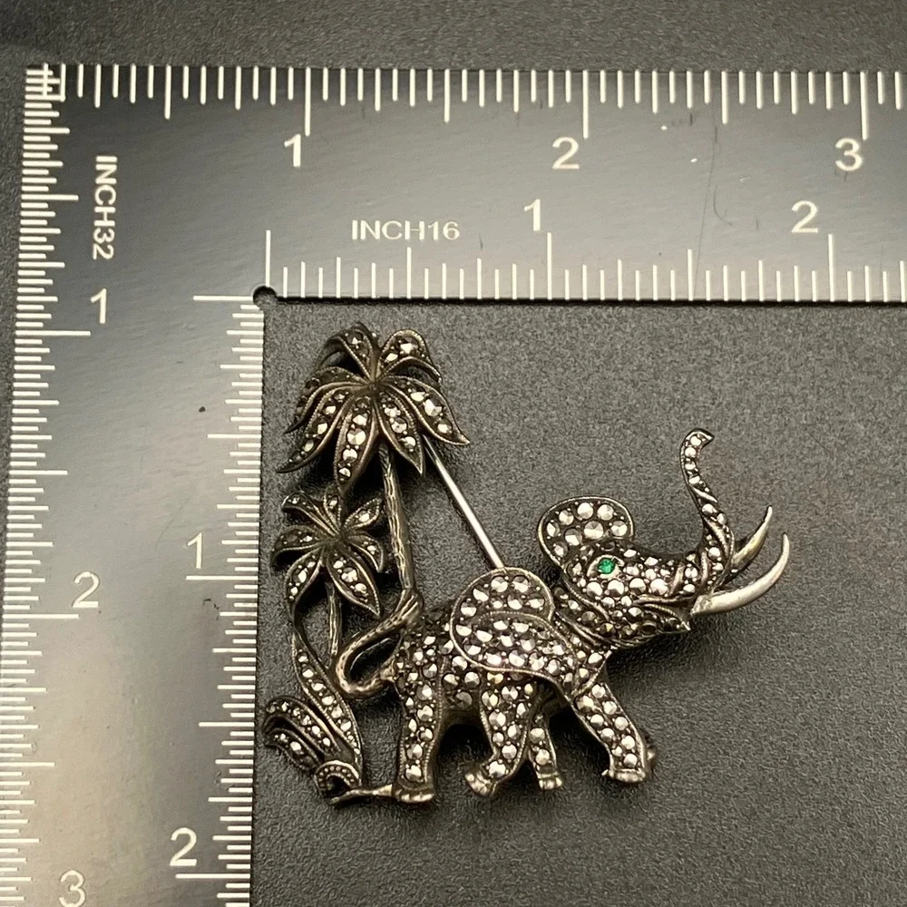 Vintage Sterling Silver Elephant Brooch Art Deco Marcasite Green Eye Palm Tree